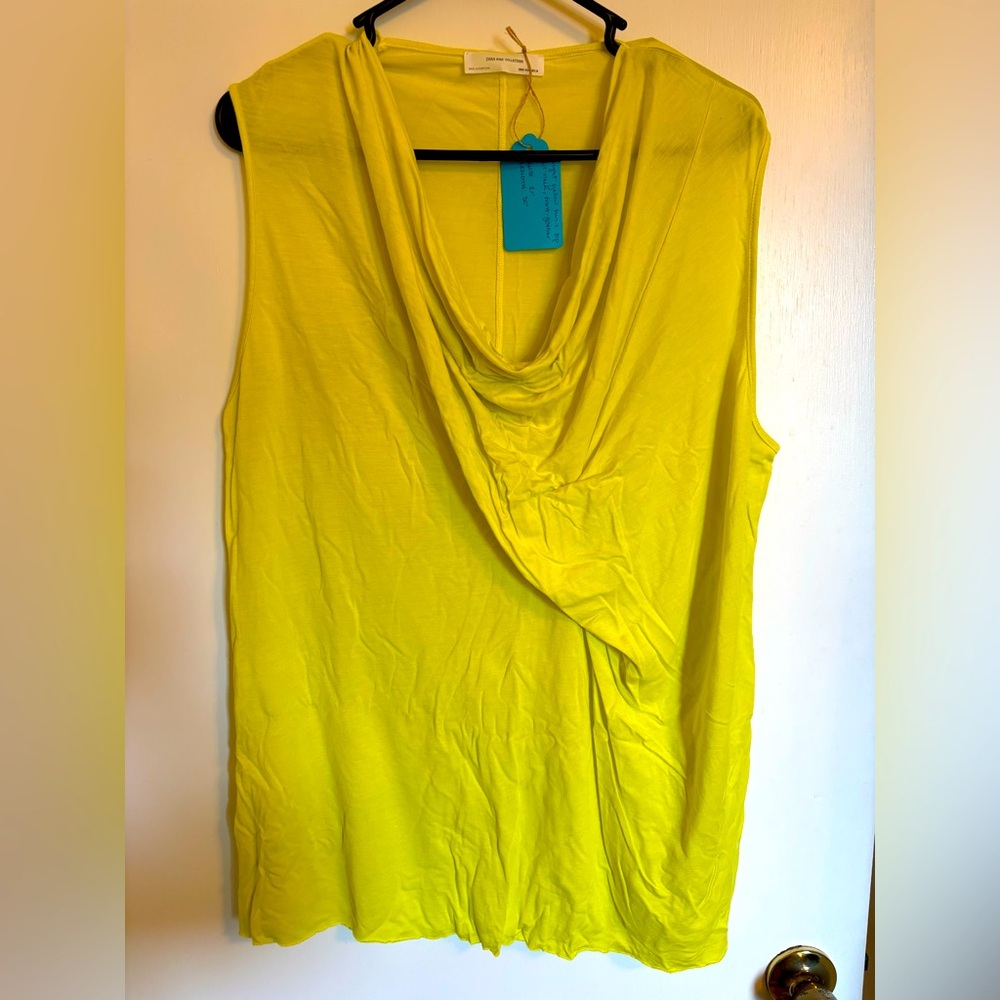 Zara bright yellow cowl-neck, front gather tunic top, EUC